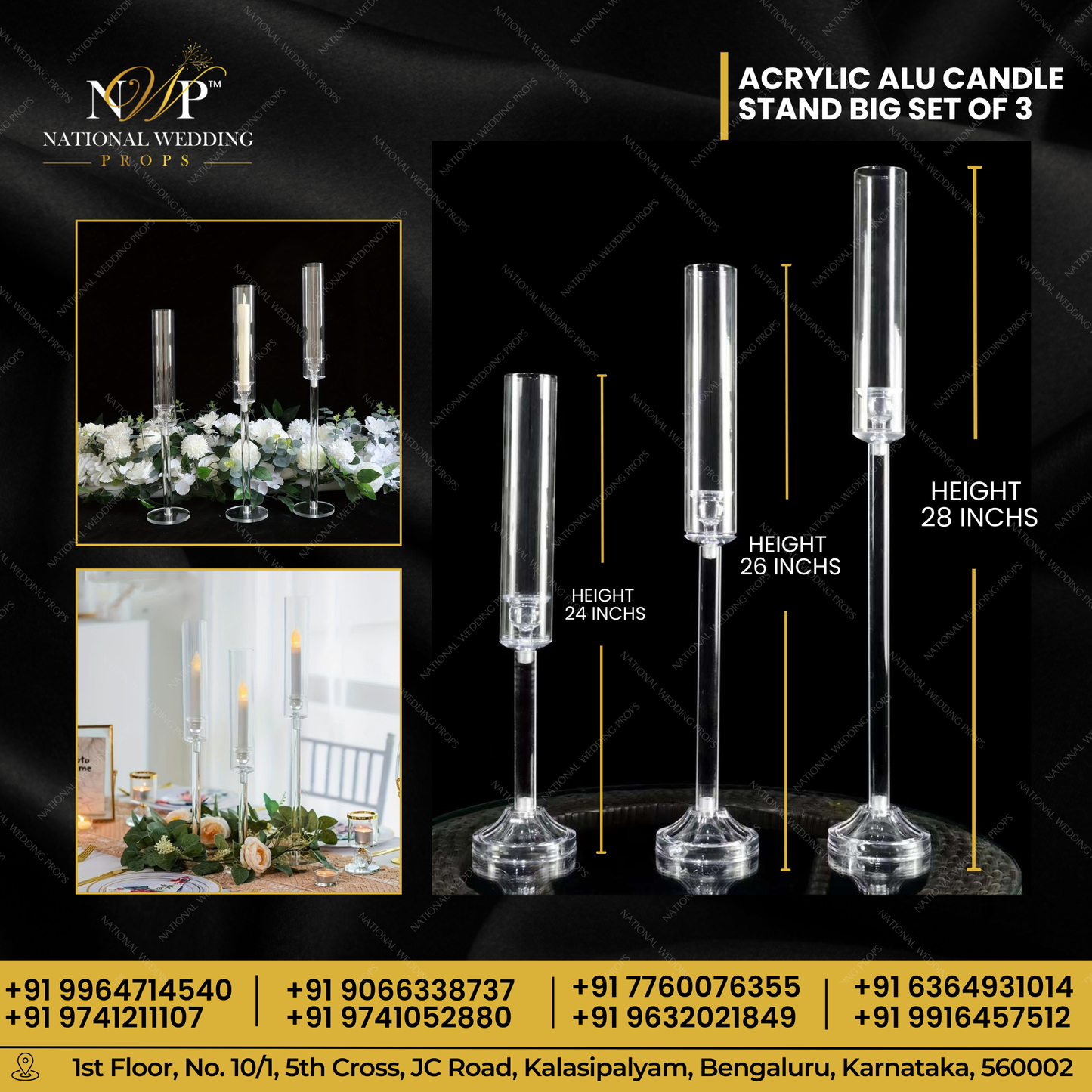 ACRYLIC ALU CANDLE STAND BIG SET OF 3