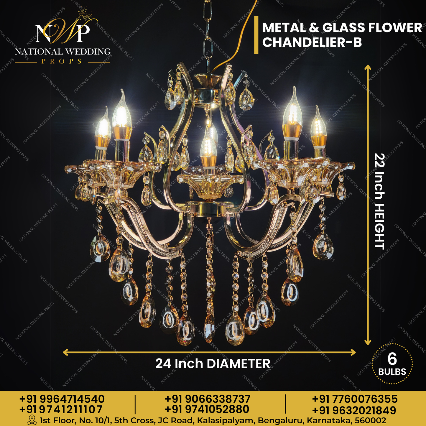 METAL & GLASS FLOWER CHANDELIER 6 BULBS (B)