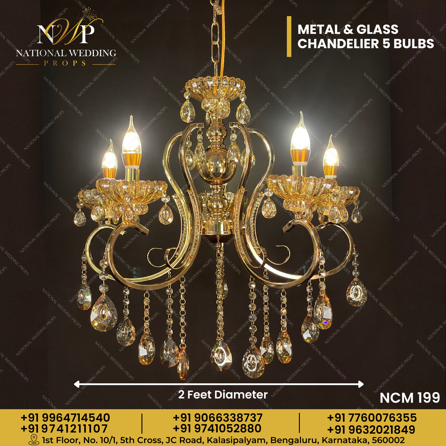 Metal & Glass Chandelier 5 Bulbs